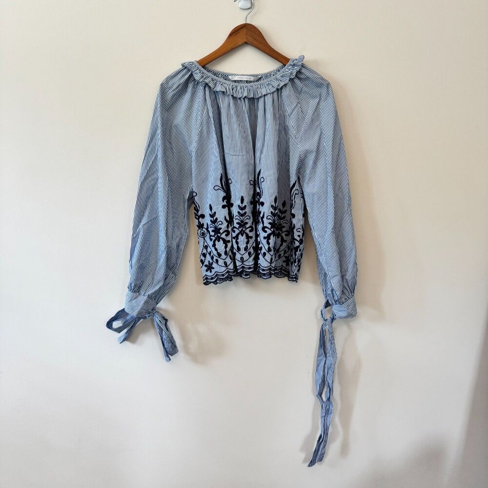 Zara Striped Embroidered Blouse with Scalloped Hem & Tie Cuffs Size Small